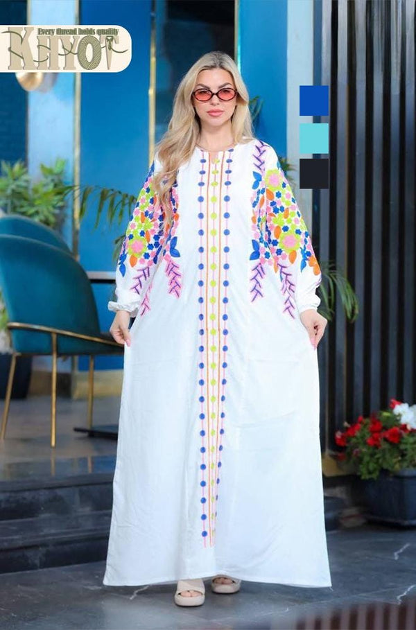 Bohemian women Cotton Kaftan Abaya floral Dress with Belt Boho Summer Dress Modest gatherings Abayas Women's Outfit, Gifts for her