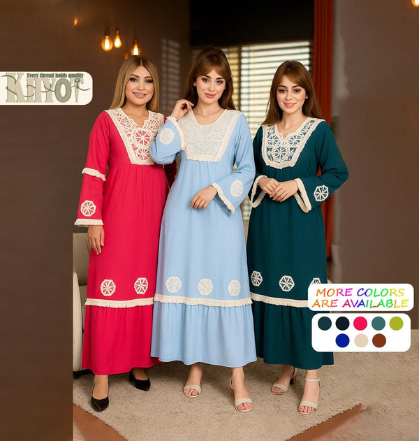 Bohemian women Cotton Kaftan Abaya Lace Details Dress with Belt Boho Summer Dress Modest gatherings Abayas Women's Outfit, Gifts for her